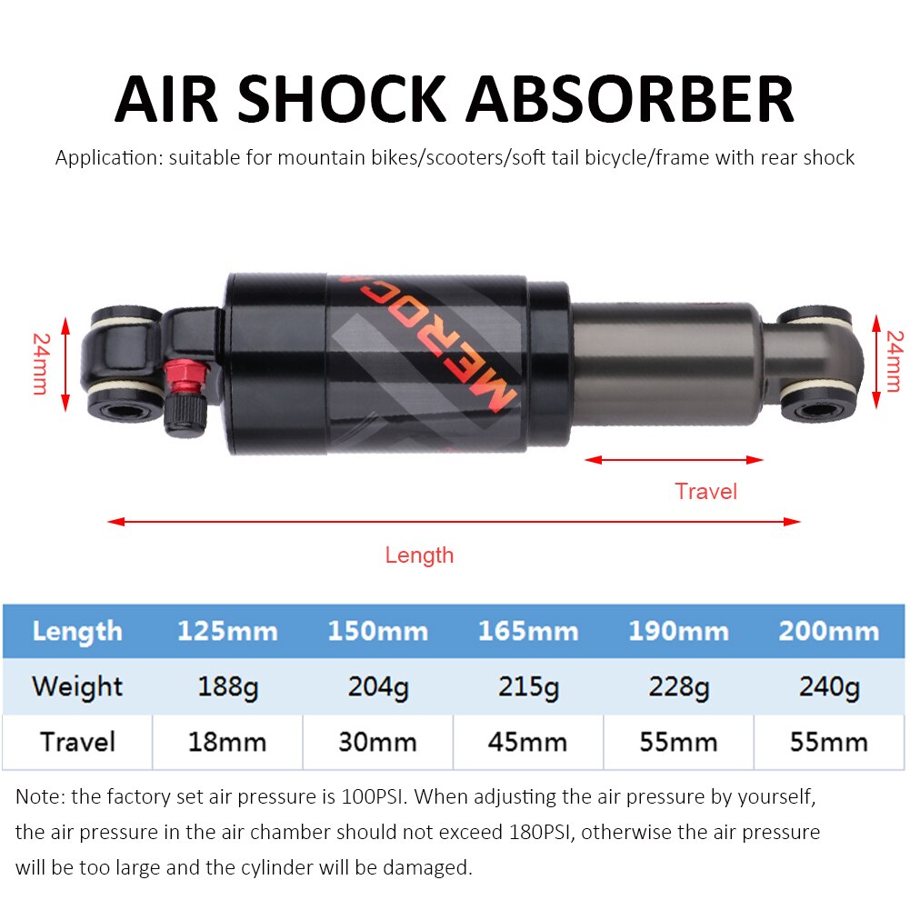 Amortiguador trasero de aire para bicicleta, accesorio de aleación de 125/150/165/190/200mm, para bicicleta de montaña o de carretera, plegable