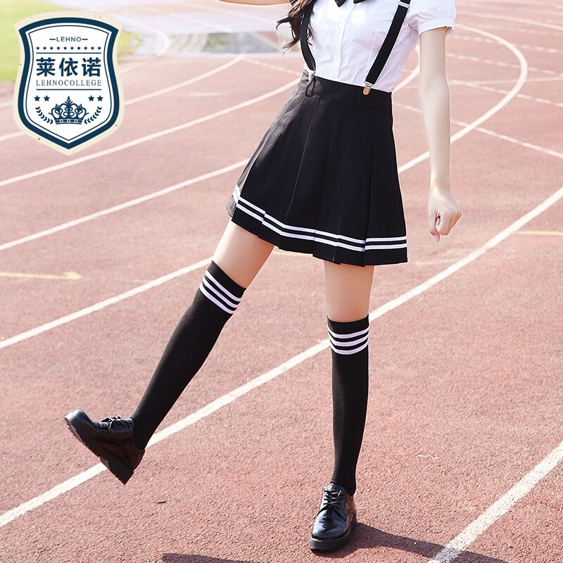 Brand LEHNO Girls Skirt Black School Uniform Students Blue Skirt A-line Sweet Strap Skirt Short Skirt