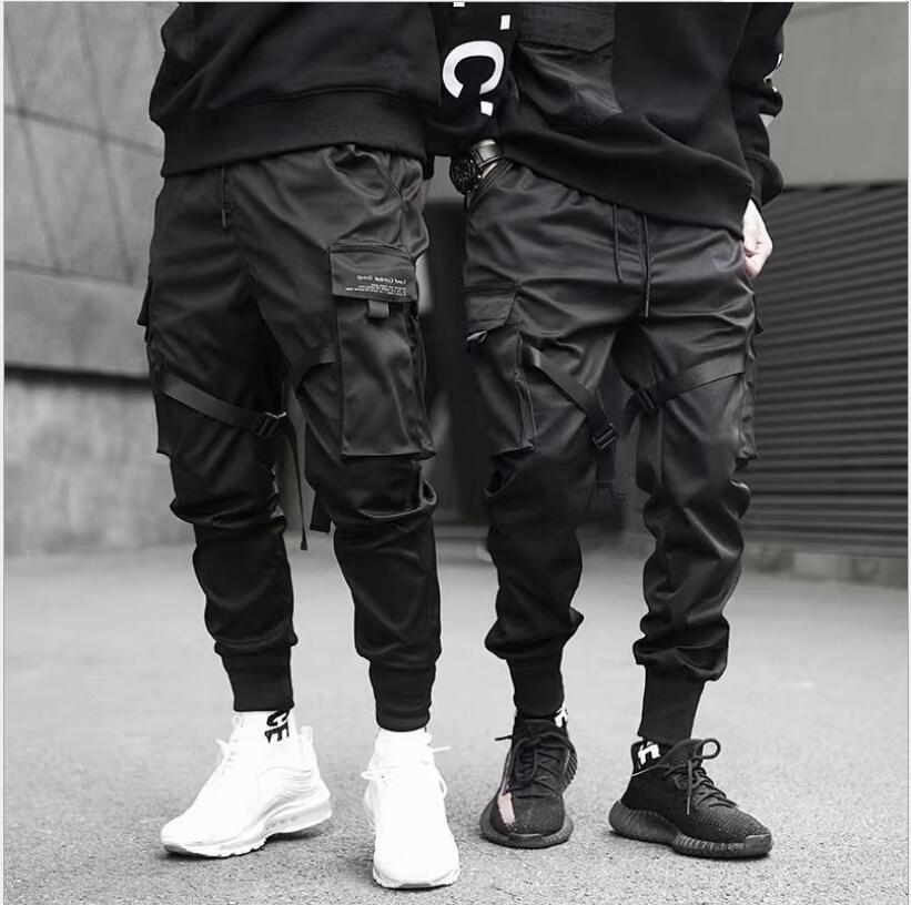 Cargobukser joggers mænd sorte haremsbukser multi-pocket bånd mande joggingbukser streetwear afslappede bukser elastisk talje herrebukser: S