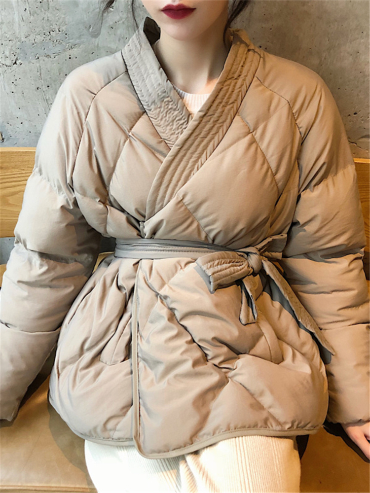 Hzirip kvinnor vinter solida skärp kappa kvinnliga tjocka studenter utkläder söt kontor dam varm jacka: Kaki