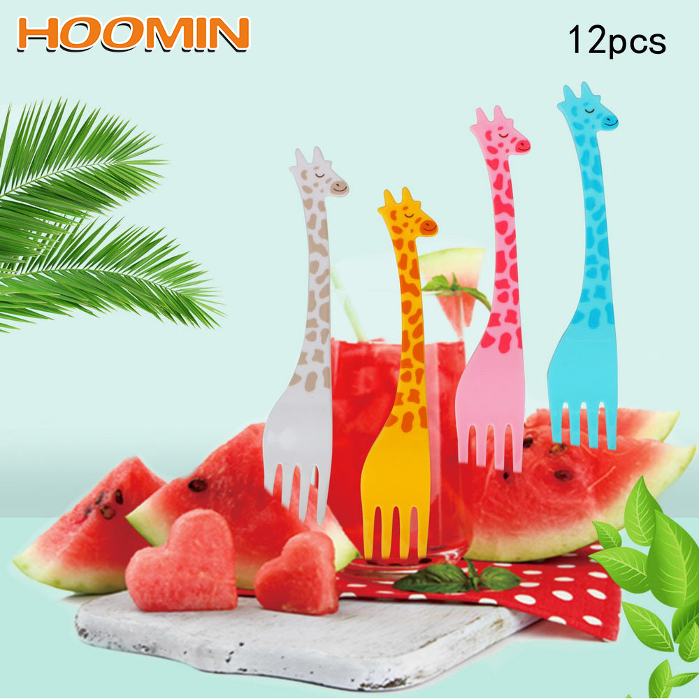Hoomin 12 stk/sæt frugtsnack tandstikker salat ørkengafler tegneserie giraf form madhakke bordservice gadgets køkkenværktøj
