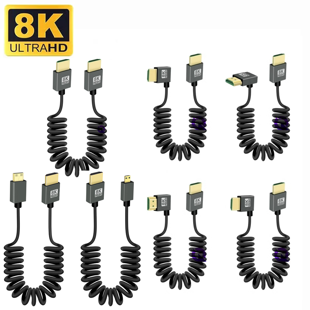 1m bärbara 8k uhd-spiralkablar mini/micro hdmi-kompatibel stretchfjäderkabel för pc bärbar dator surfplatta kamera dv skärm hdtv