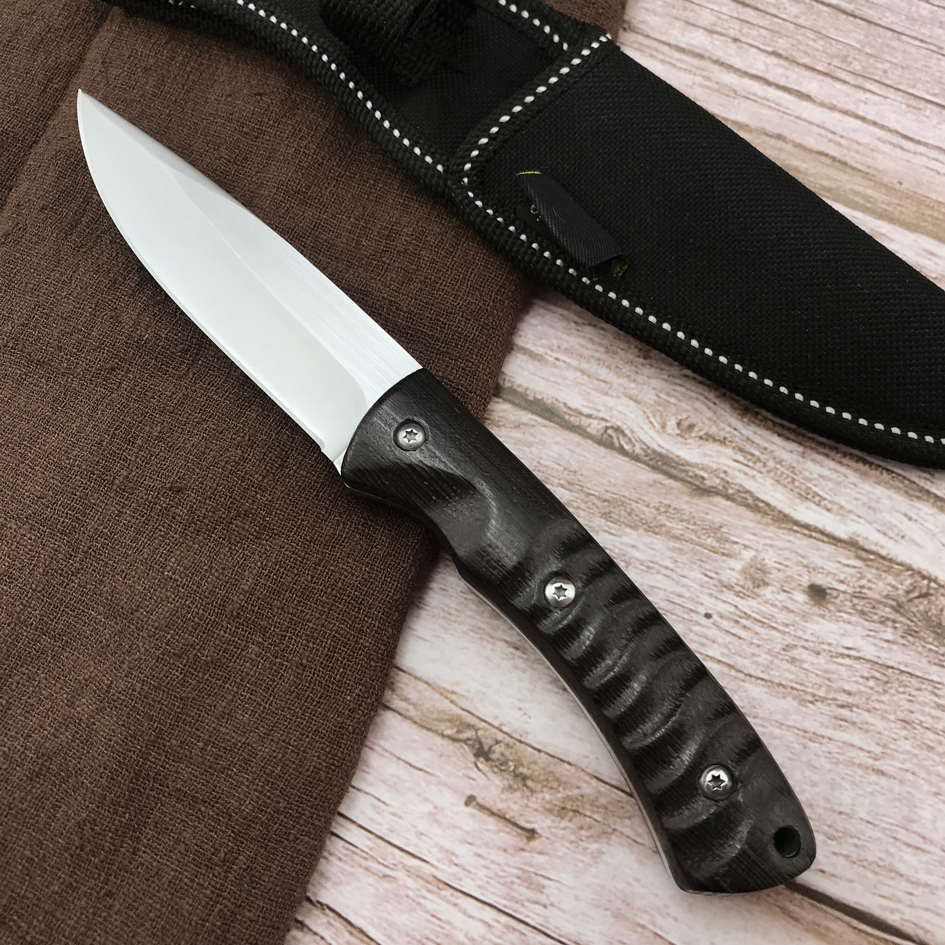 Fixed Blade Knife 5CR13MOV Stainless Steel Blade Straight Knife Black Ebony Handle Nylon Knife Sheath