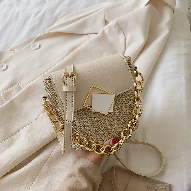 Kontrastfärg väv kedja tygväska sommar hög halm dam handväska lås axel messenger bag: Vit