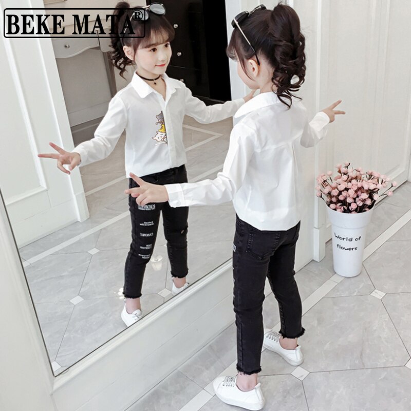Beke mata blusa branca para crianças meninas 2022 primavera menina grande topos de manga longa adolescente escola meninas camisas roupas infantis 4 a 13