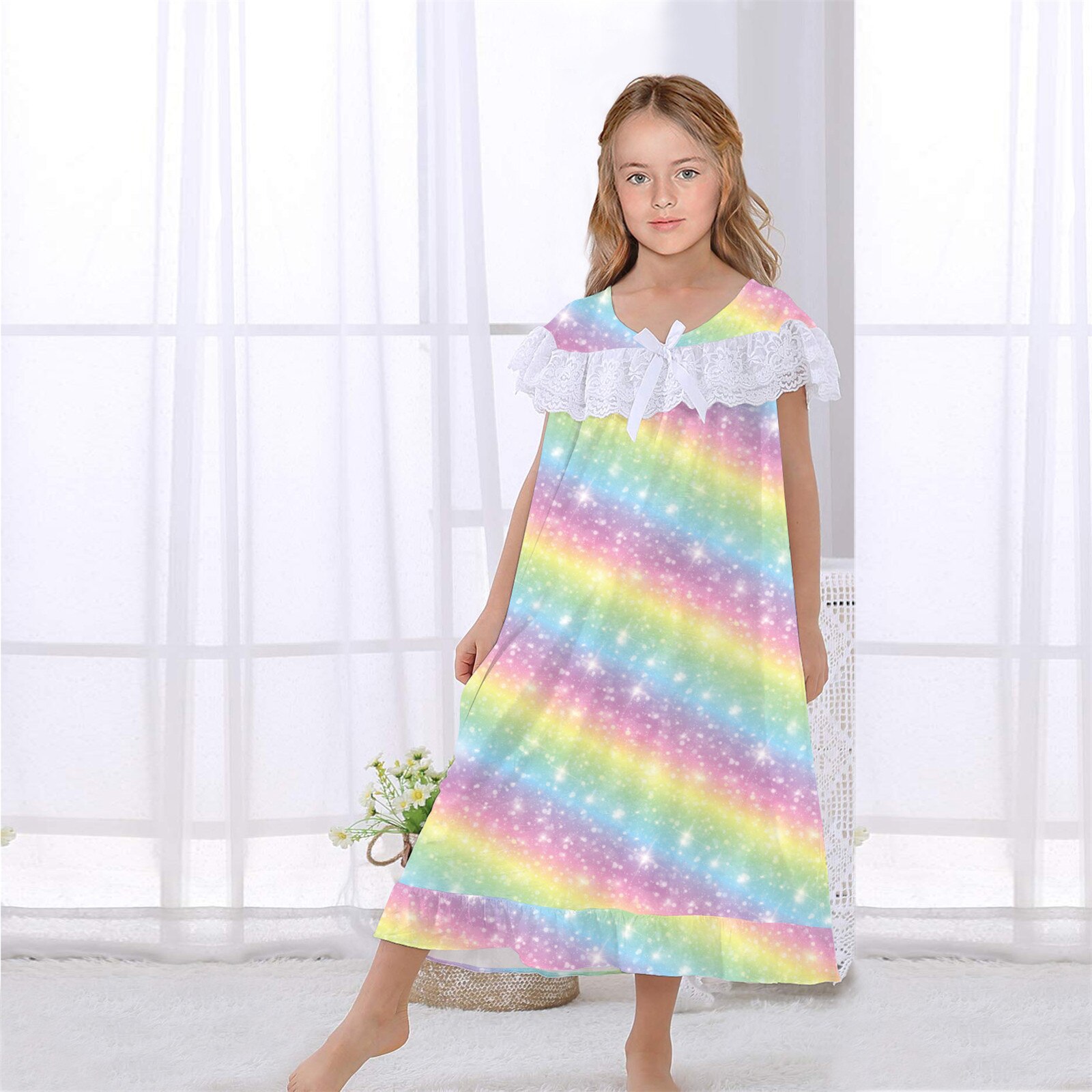 Girls Nightdress Short Sleeve Cute Princess Lace Cotton Sleep Dress Soft And Comfortable Breathable With Zipper On The Back