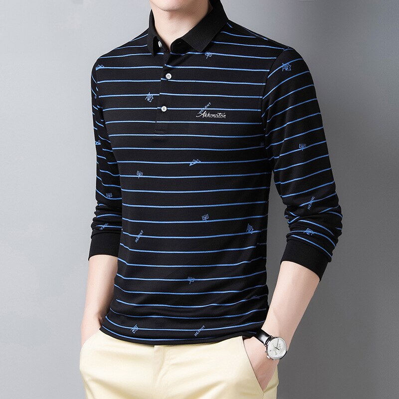 Efterår stribe tryk herre langærmet polo shirt business casual revers mærke polo shirt mandlig