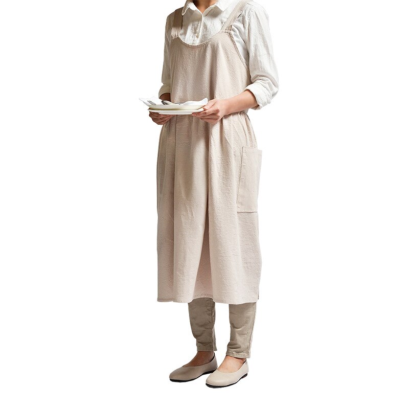 Tablier croisé à dos pour femmes, en coton et lin, enveloppe de cuisson japonaise, robe de fleuriste, Art littéraire, en coton et lin, pour la publicité: apricot