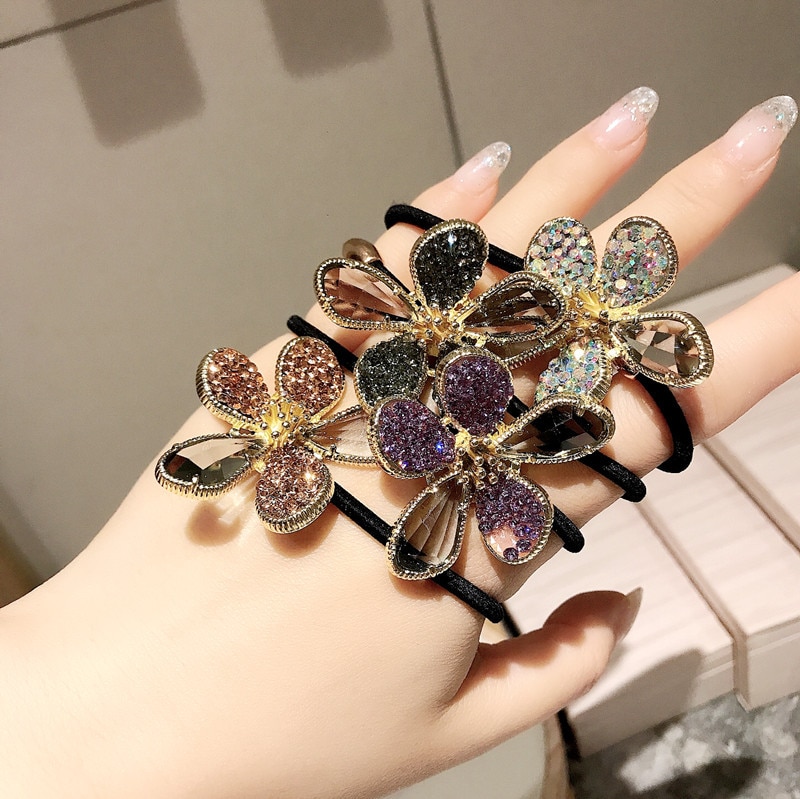 Barocco di Cristallo Del Fiore Del strass Fasce per Capelli Della fascia Elegante Delle Donne Elastico Femminile in Gomma Legami Dei Capelli Scrunchies Ragazze Accessori