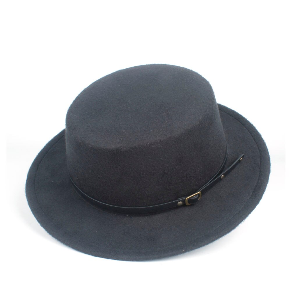 Men Women Flat Top Hat Winter Casual Hat Wool Trilby Fedora Hat Wide Brim Hat Size 56-58CM: Black