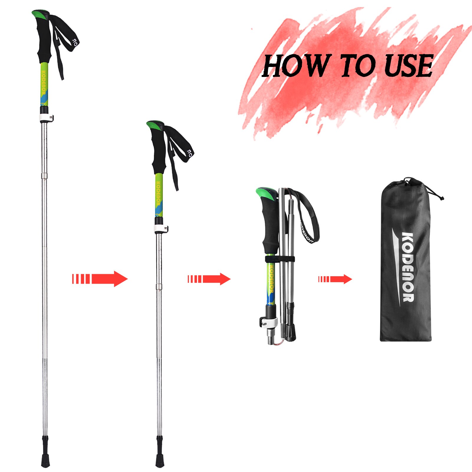 KODENOR 2 PCS Walking Stick Collapsible Trekking Pole Set Men Women 5 Sections Walking Pole Climbing Hiking Accessories