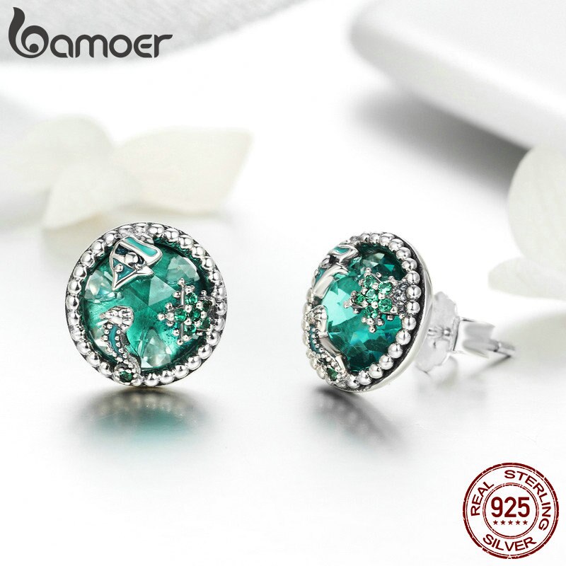 Bamoer Authentieke 925 Sterling Zilver Oceaan Tropische Vissen Stud Oorbellen Voor Vrouwen Groene Cz Sterling Zilveren Sieraden SCE496
