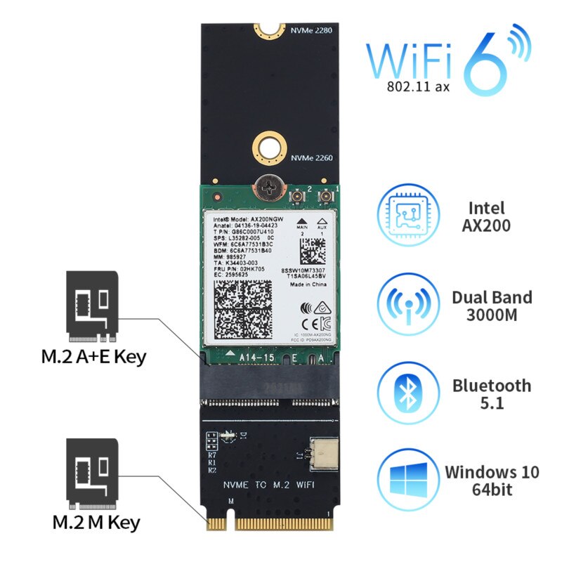 3000Mbps Wifi 6 Wireless Card Bluetooth 5.1 M.2 Key M Adapter Riser Card 802.11ax For Intel AX200 AX200NGW Wireless Network Card: M.2 M Key AX200