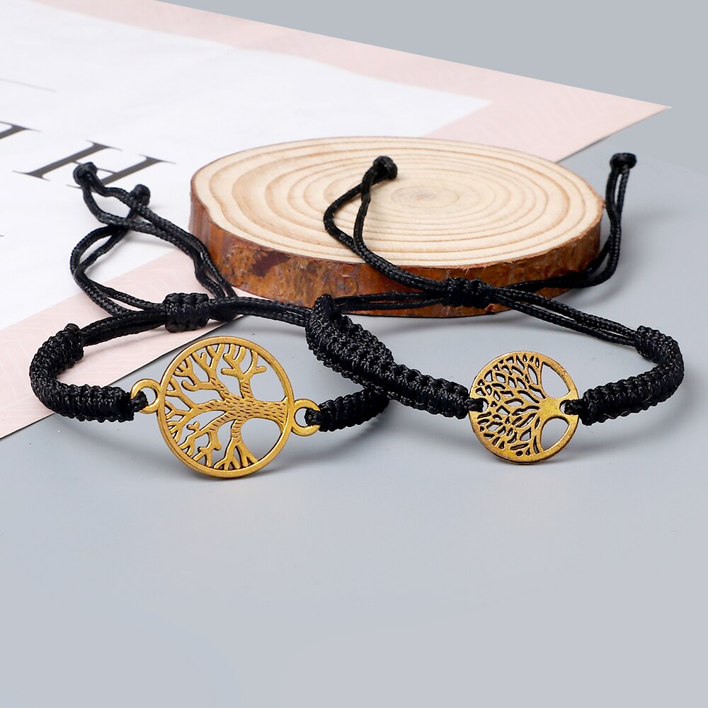 2 pçs/set vermelho preto vida árvore fio pulseira masculino tecido trançado ajustável tibetano budista pulseira feminino amante jóias presente