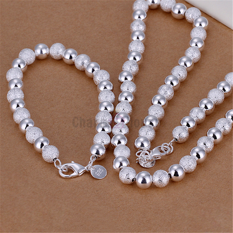 Zilver 925 Sieraden Set voor Vrouwen 8mm Kralen Ball Chain armband Ketting 2 stks Wedding Party Bridal Sieraden Set Factor prijs