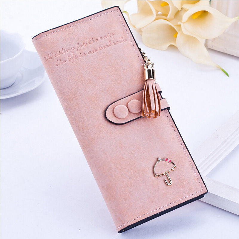 Womens Lady PU Leather Card Holder Long Wallet Clutch Checkbook Zip Frosted Tassel Button Letter Umbrella Scrub Textured Purse: Light pink