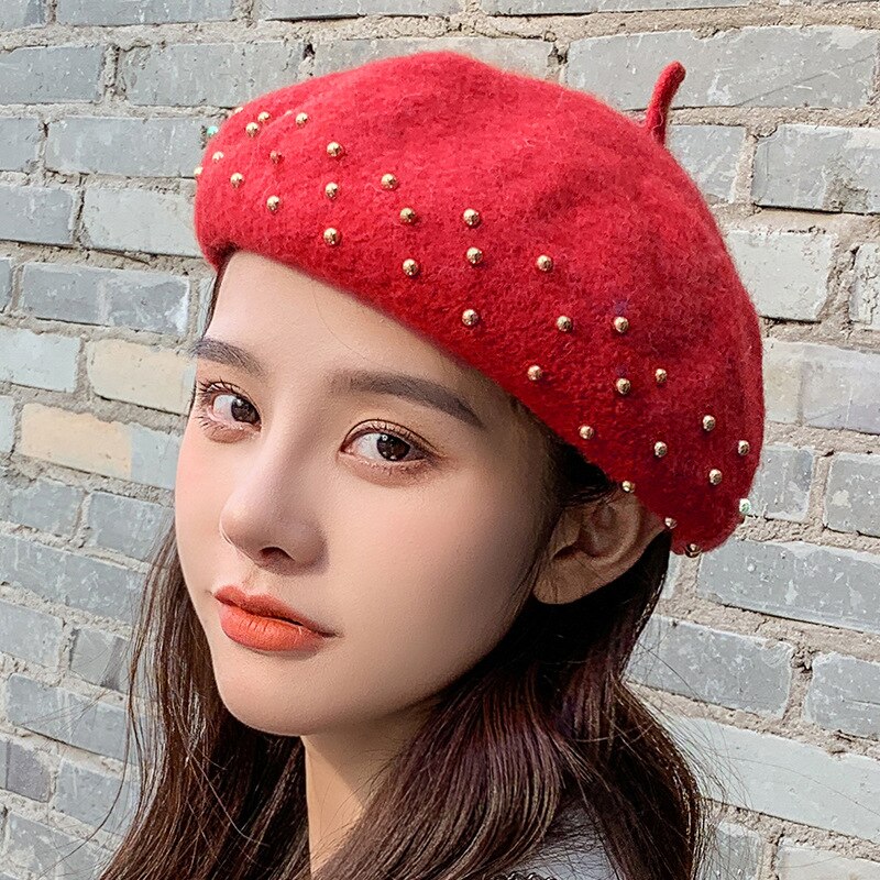 Femmes bérets métal clou perceuse laine couleur unie chapeaux femme Bonnet casquettes dames automne hiver marche chapeau Casquette