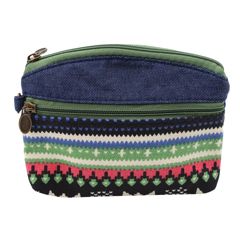 Etnisk lerret mini lommebok dame dobbel glidelås mynt vesker barn mynt lommebok for jenter nøkkel lommebøker