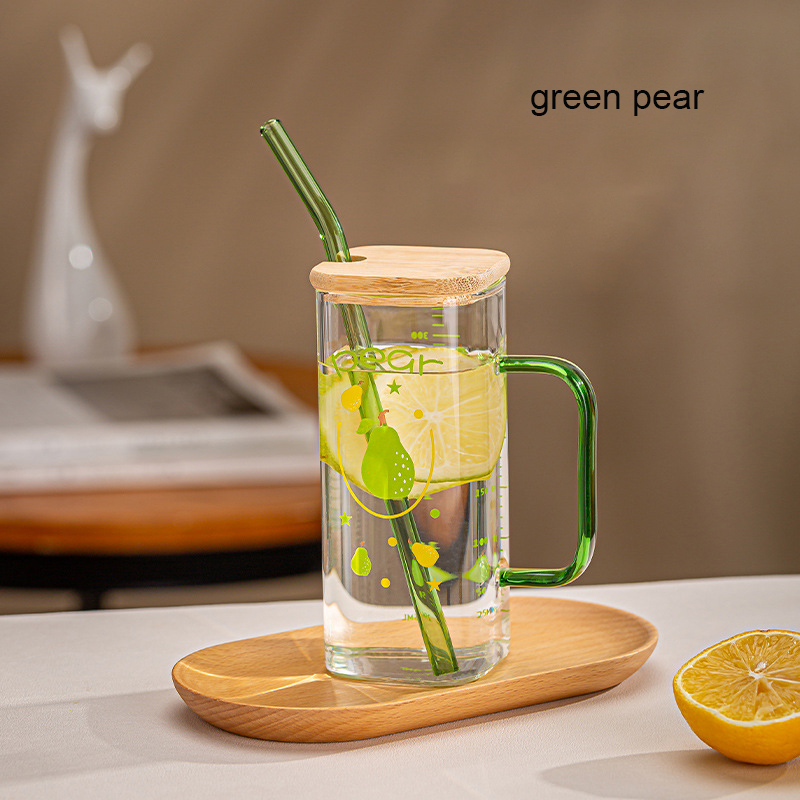 Taza de vidrio con pajita y báscula, vaso transparente con tapa y mango para café helado, taza para beber zumo, leche y té, 350ml: Transparente