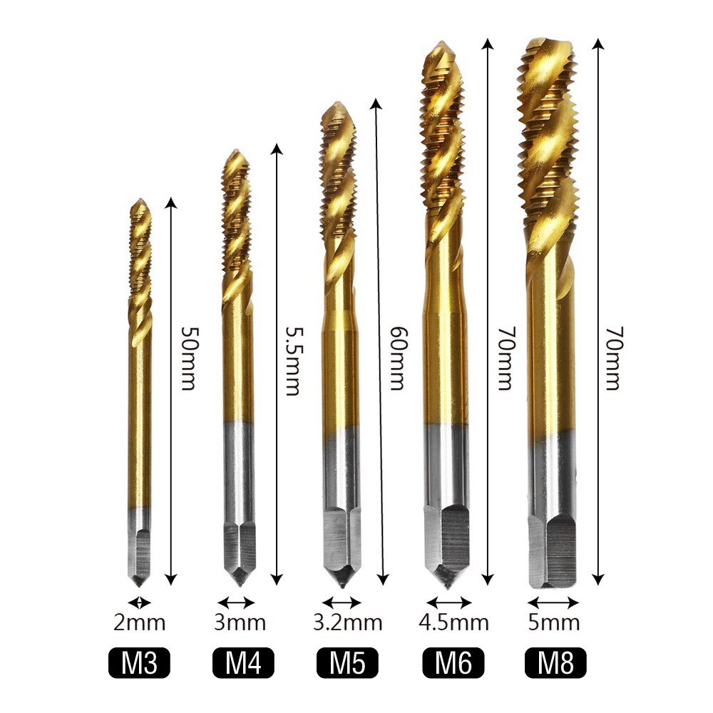 5pcs/lot Spiral Fluted Machine Screw Tap M3 M4 M5 M6 M8 Spiral Pointed Taps Thread Tap Drill Titanium Coated