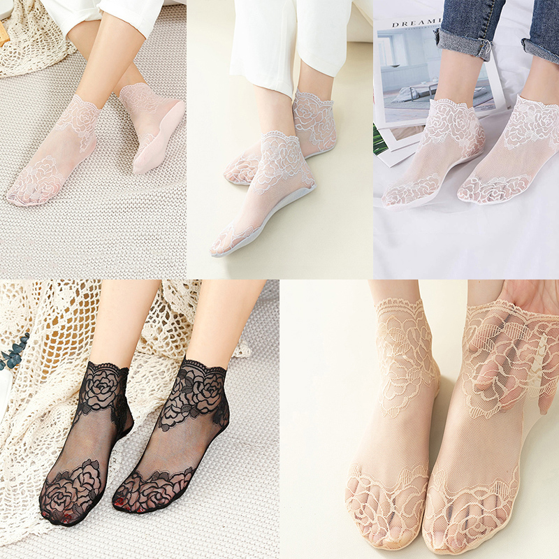 calcetines mujer calcetines tobilleros mujer calcetines invisibles mujer verano Lolita-Calcetines invisibles de encaje para mujer, medias finas, transparentes, antideslizantes y poco profundas, lote de 5 pares
