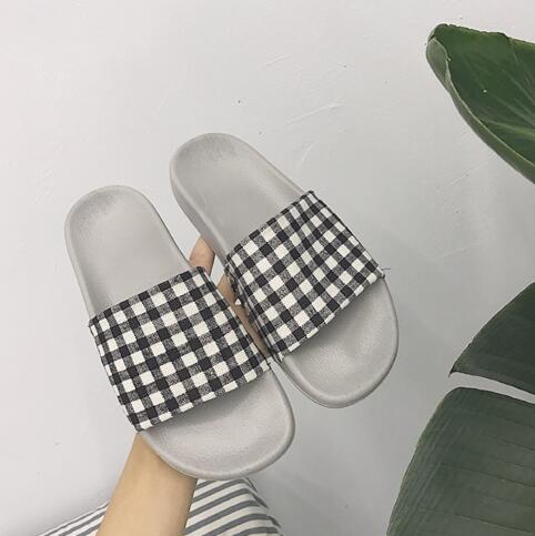 Slippers Women Summer Cotton Fabric Checkered Shoes Slip On Flat Sandals Slides Sandalias m555: Gray / 8.5