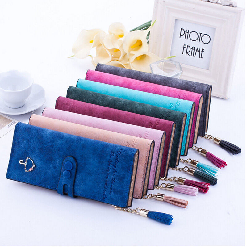 Womens Lady PU Leather Card Holder Long Wallet Clutch Checkbook Zip Frosted Tassel Button Letter Umbrella Scrub Textured Purse