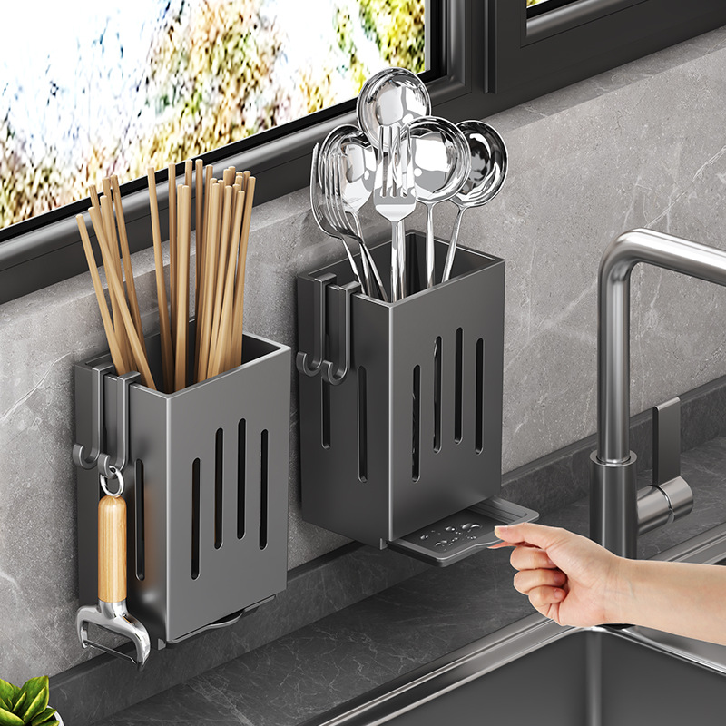 Wall Mounted Kitchen Cutlery Organizer Abs Plastic Chopsticks Spoon Holder Kitchen Utensil Drying Drain Rack Tableware Box ﻿