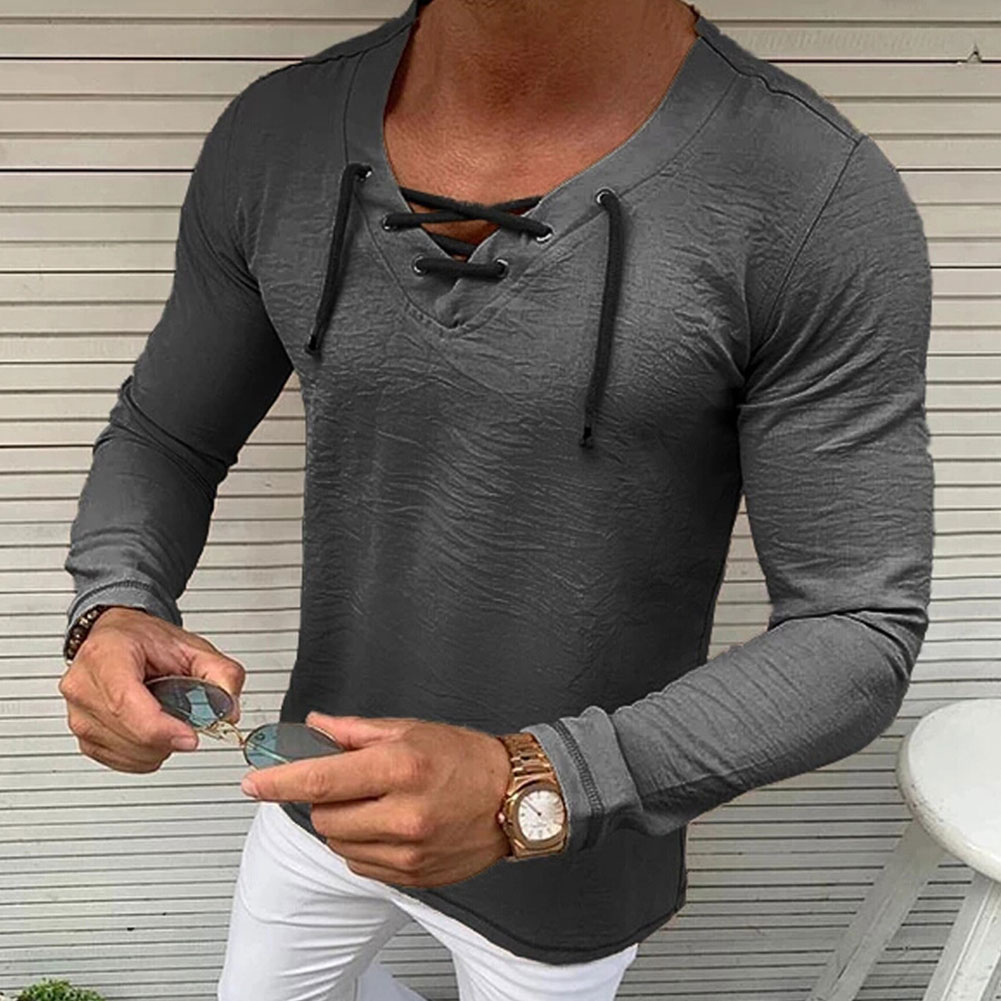 Men Long Sleeve T-shirt, Cross Strap V-neck Simple Solid Color Spring Clothing: Gray / XXXL