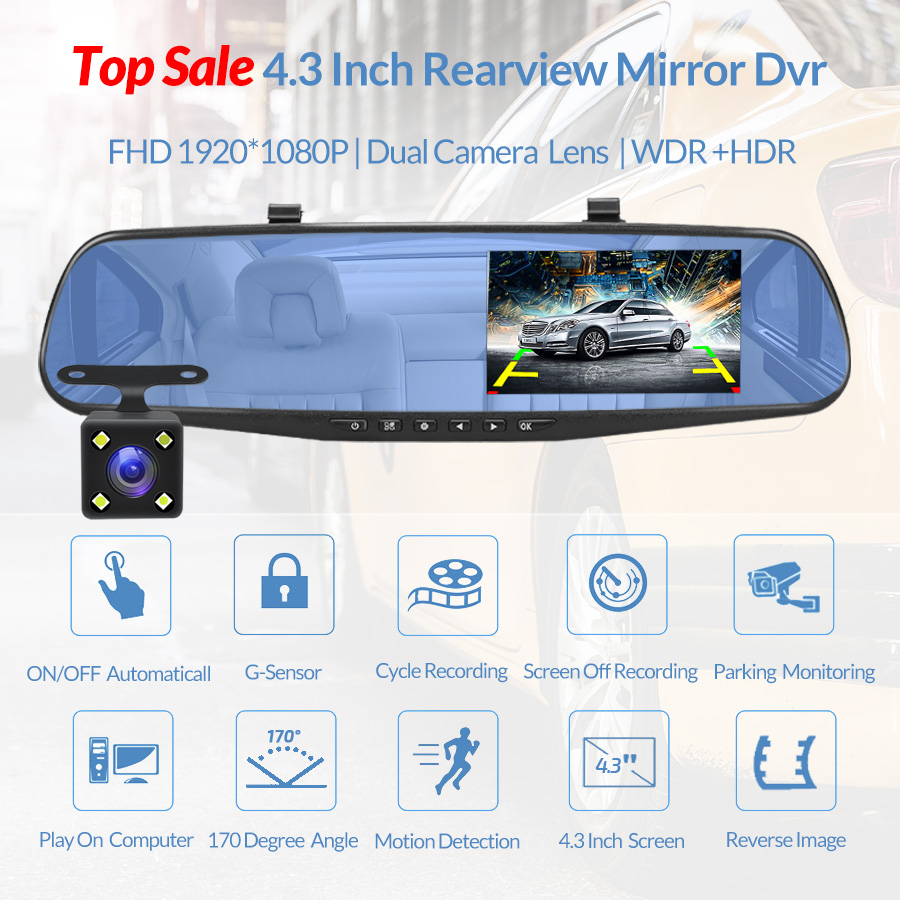 Dashcam 4.3 pouces 1080P IPS voiture DVR enregistreur de conduite rétroviseur double lentille enregistreur de voiture avant et arrière boîte noire