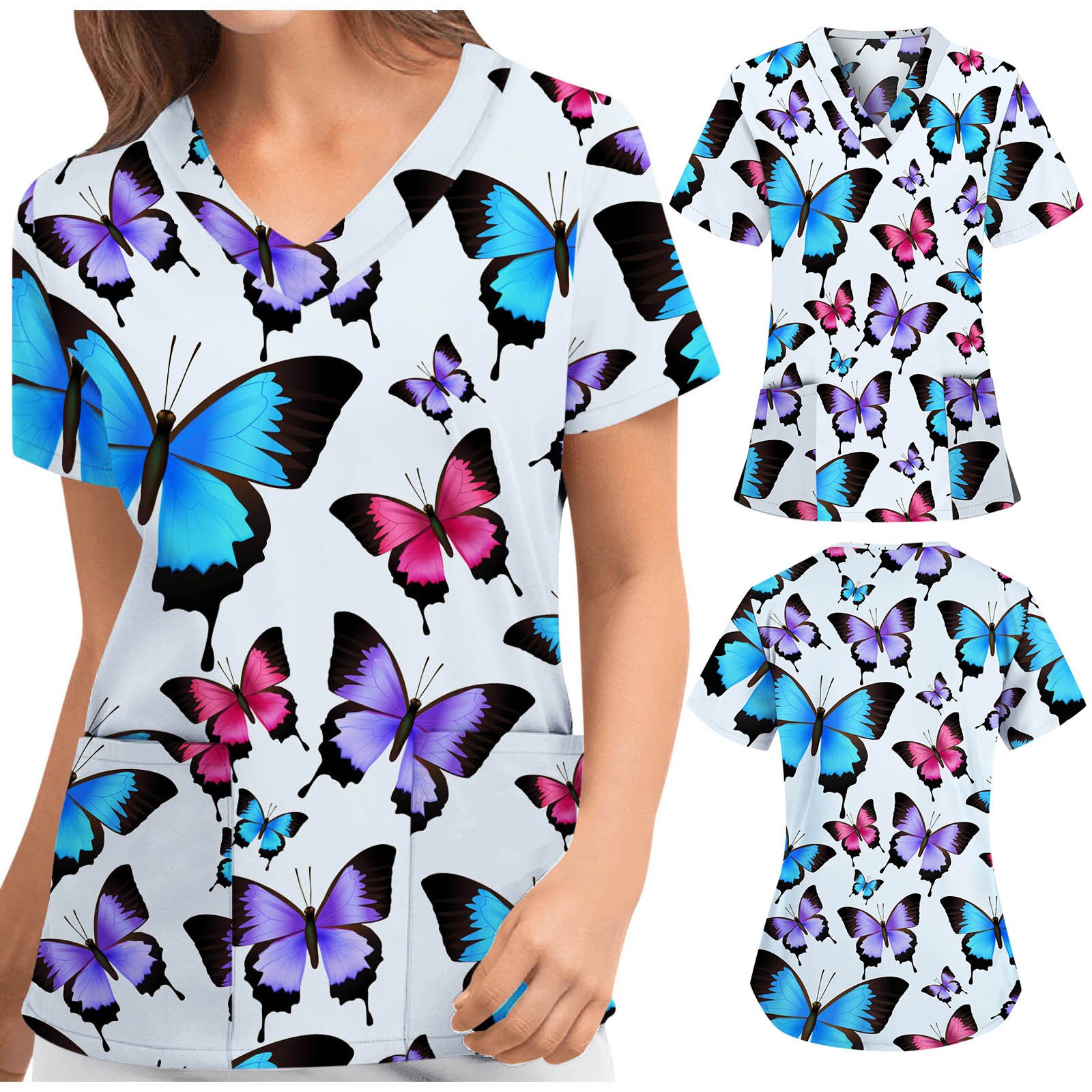 Women Short Sleeve V-neck Butterfly Print Tops Nursing Working Uniform T-shirts Blouse Scrubs Costume Медицинская Одежда J30