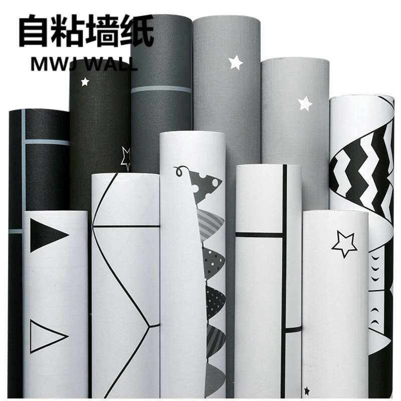 Nordic simple black and white cartoon simple self-adhesive waterproof PVC wallpaper bedroom dormitory wallpaper