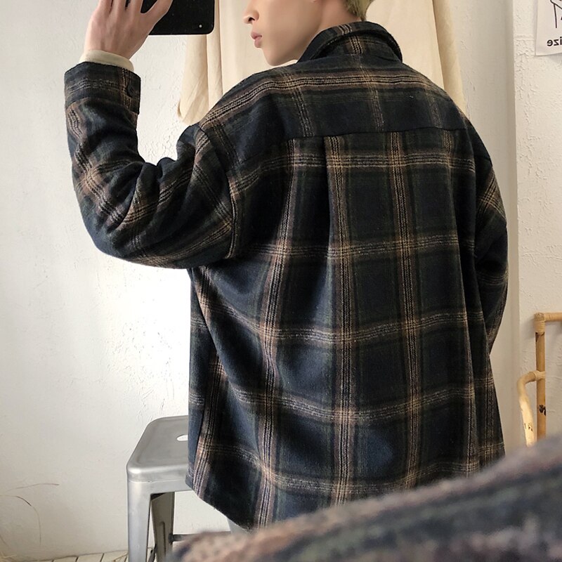 Efterår personlighed trend retro plaid bomuld stor størrelse løs afslappet skjorte jakke herre grå / sort s-xl