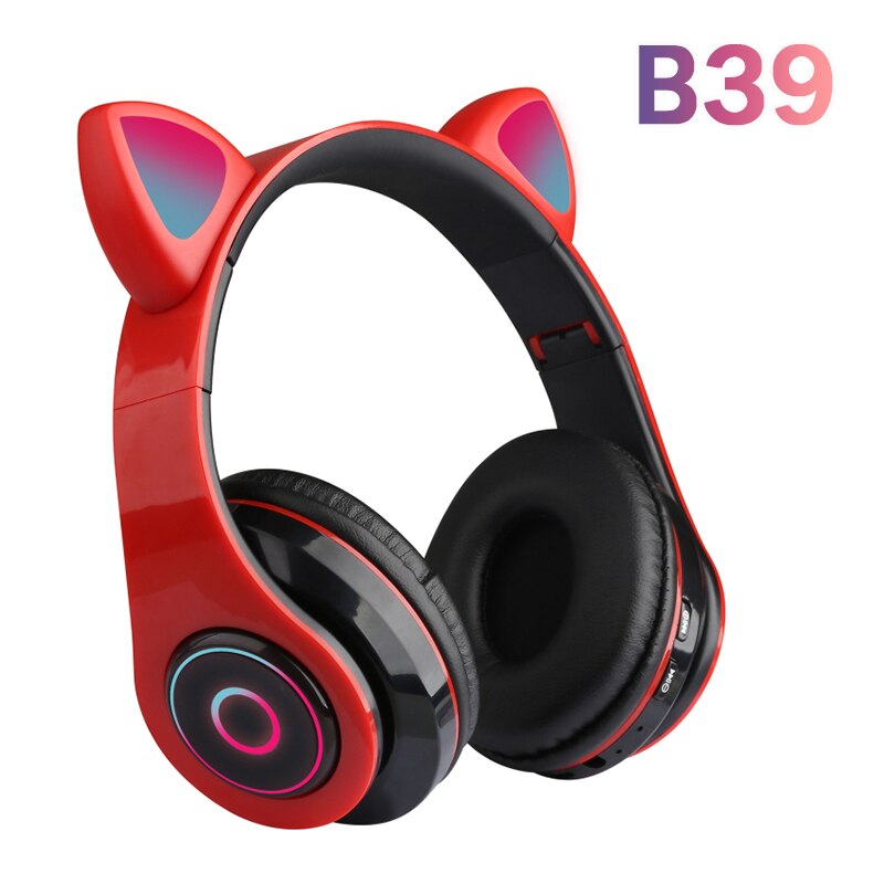 Cute Cat Ear Headphones Wireless Bluetooth 5.0 Adults Kids Girls Glowing LED Headset Support TF Card With Mic for: 05 red black B39