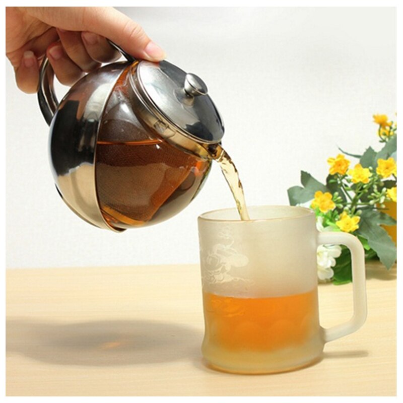 Modern Stylish Stainless Steel + Glass Teapot With Loose Tea Leaf Infuser Silver Accessories