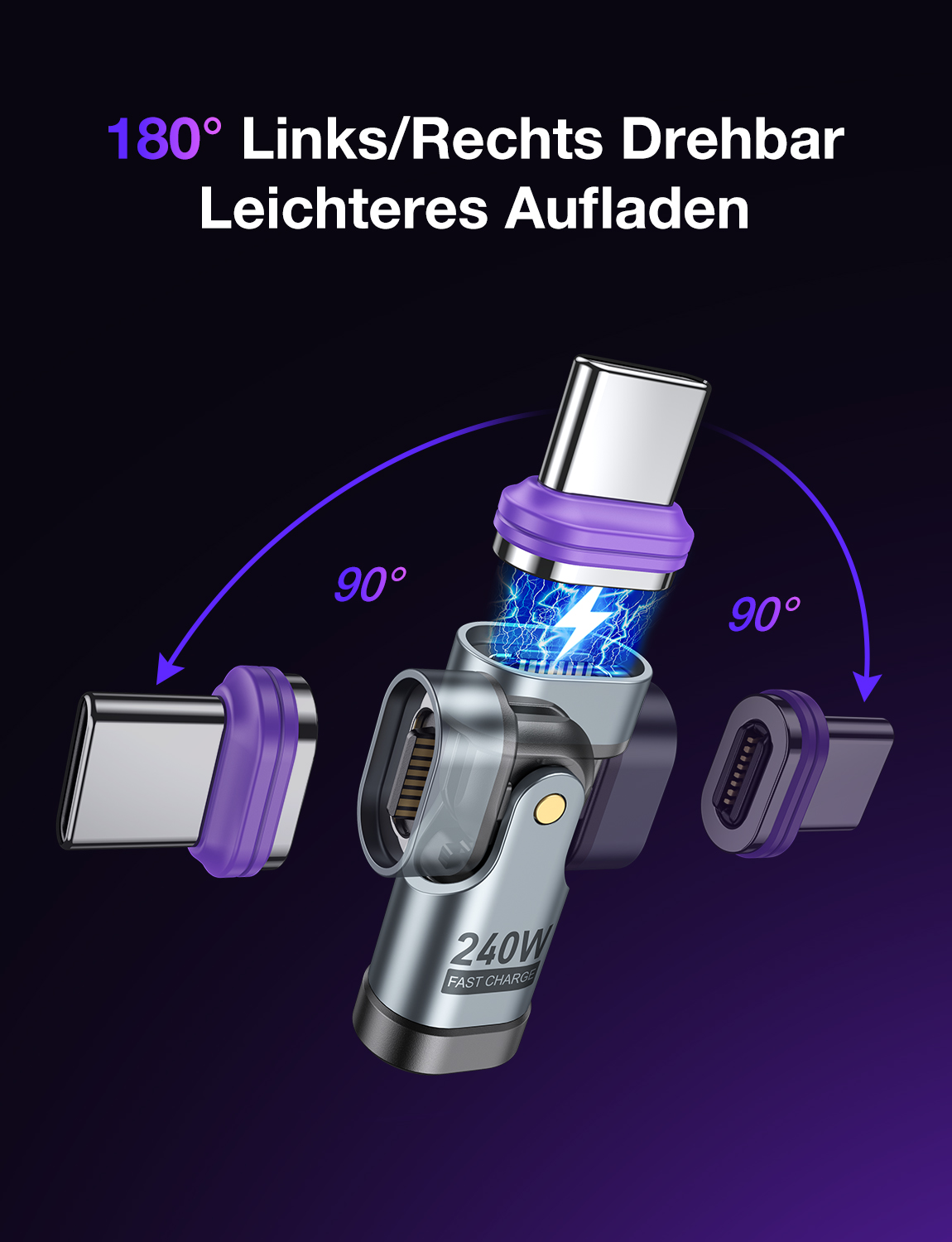 AUFU 240W Adapter magnetyczny USB typu C na USB C 16-pinowy konwerter USB C żeński 180 stopni do szybkiego ładowania iPhone MacBook Laptop