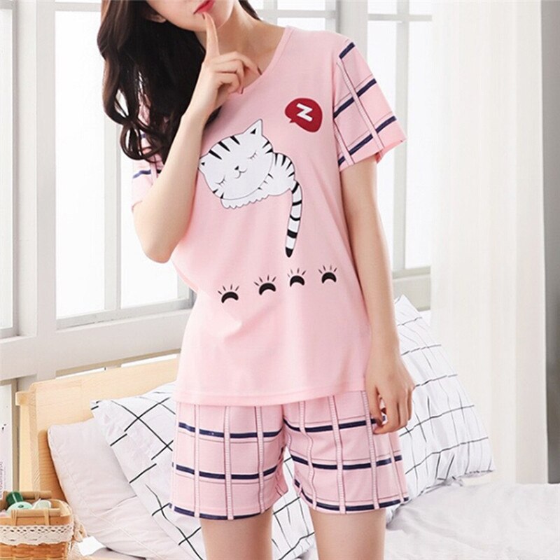 M-2XL Summer Young Girl Short Sleeve Cotton Pajamas For Women Cute Nightshirt Casual Home Service Short Sleepwear: sleep cat / XXL