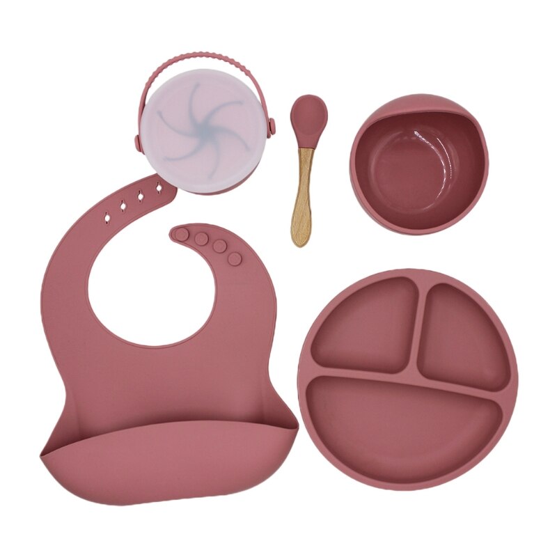 5 Pcs Baby Bibs Drooling Burp Aprons+Suction Dish Bowl+Sucker Dinner Plate+Spoon+Cup Set Silicone Tableware Kit: 2SS902449-R