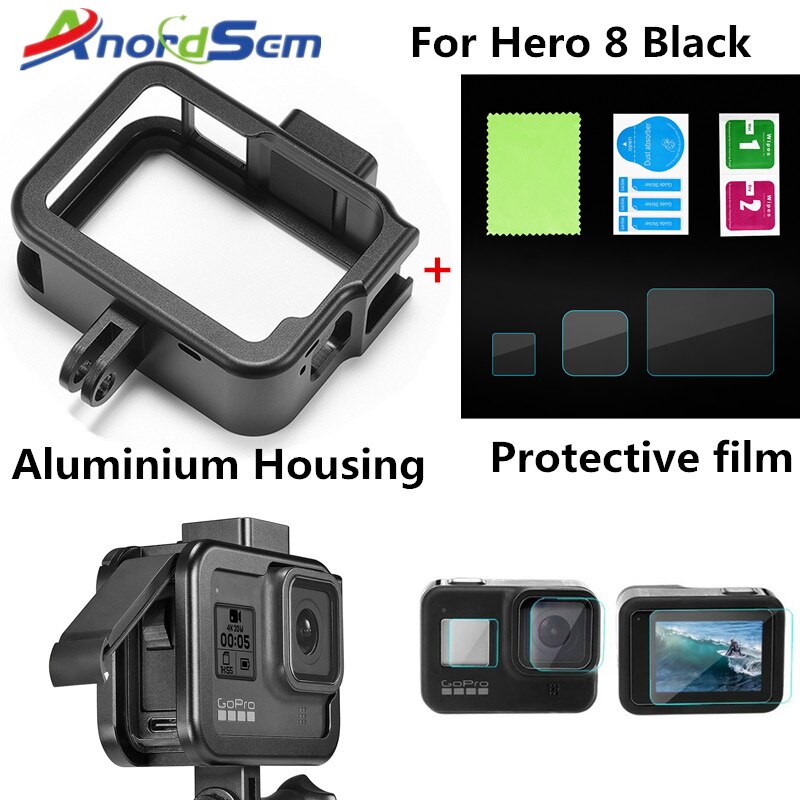 Anordsem Camera Cage Mount + Camera Lens Beschermende Film voor Gopro Hero 8 Zwart Camera Accessoires Aluminium Behuizing Frame