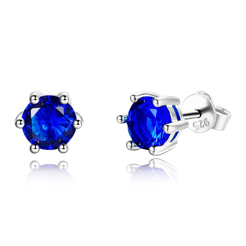 Female Ear Studs 925 Sterling Silver Fine Jewelry Round AAAAA Royal Blue Zircon Wedding Engaging Party