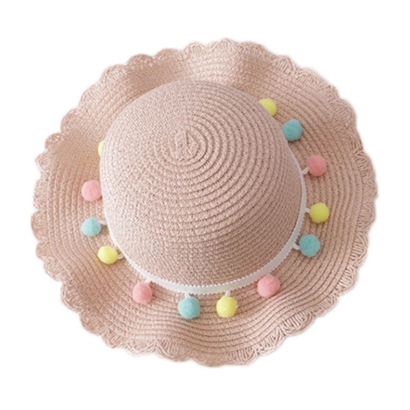 Kids Girls Large Wide Brim Straw Woven Sun Protection Beach Hat Colorful Pompom Ball Summer Floppy Bucket Cap Portable Handbag: A