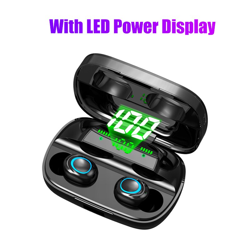 Cordless Headphone Bluetooth Earphone TWS Earphones Wireless Headphones Noise Canceling Handsfree Headset Earbuds For Mobile: Black-LED Display
