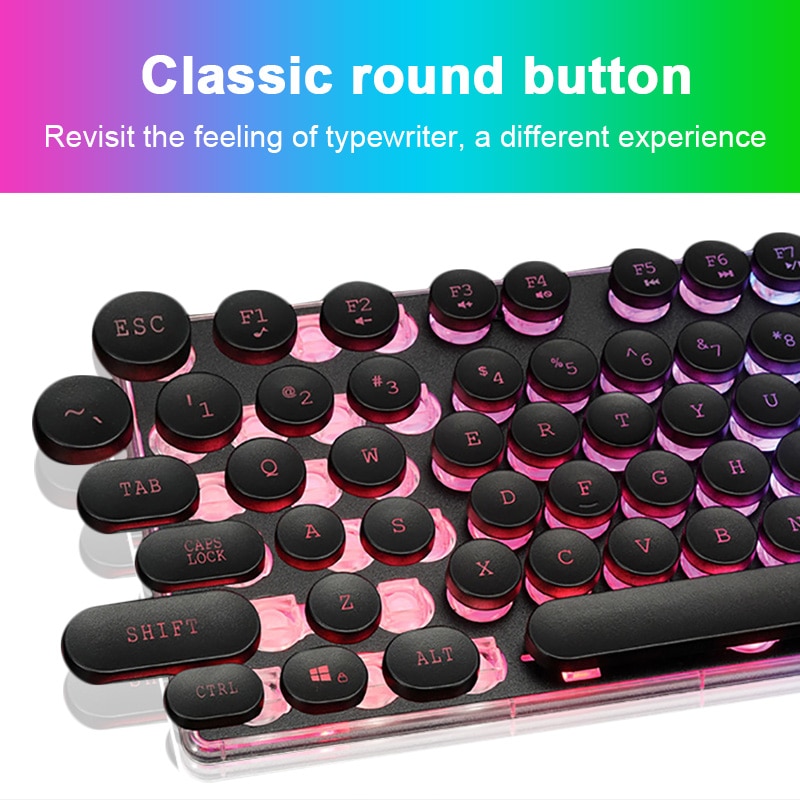 Wired Gaming Keyboard Retro Round Glowing Keycap Metal Panel Backlit USB 104 Keycaps For Computer Tablet Desktop Game Keyboards