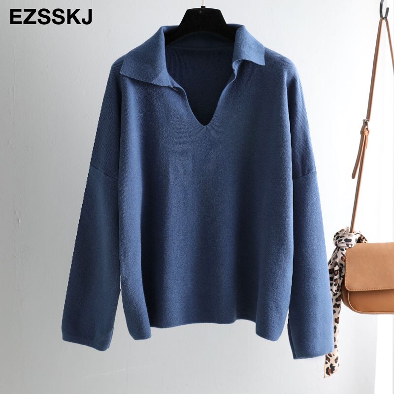 chic turn down collar oversize autumn winter Sweater Women Pullover Casual Long Sleeve loose Sweater Female Jumpers: grayblue