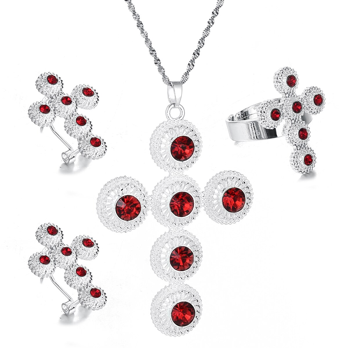 Ethiopische Traditiona Cross Sieraden Set Ketting Oorbellen Ring Ethiopië Gold Eritrea Sets Voor Vrouwen Habesha Wedding Party: Silver Plated