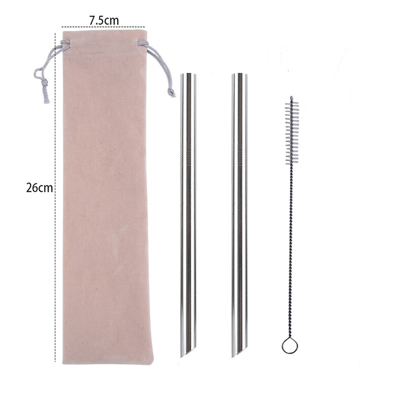 2Pcs Metall Wies Ende Stroh + 1Pc Pinsel Regenbogen Trinkhalme Wiederverwendbare Strohhalme 12mm * 215MM mit Tragbaren Box Oder Tasche: Beige Bag Silver