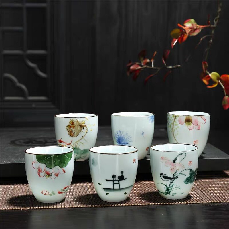 Keramische Traditionele Chinese Thee Kopjes Wit Porselein Thee Set Accessoires Kantoor Theekopjes Draagbare Retro Water Mok Drinkware: 6pcs B