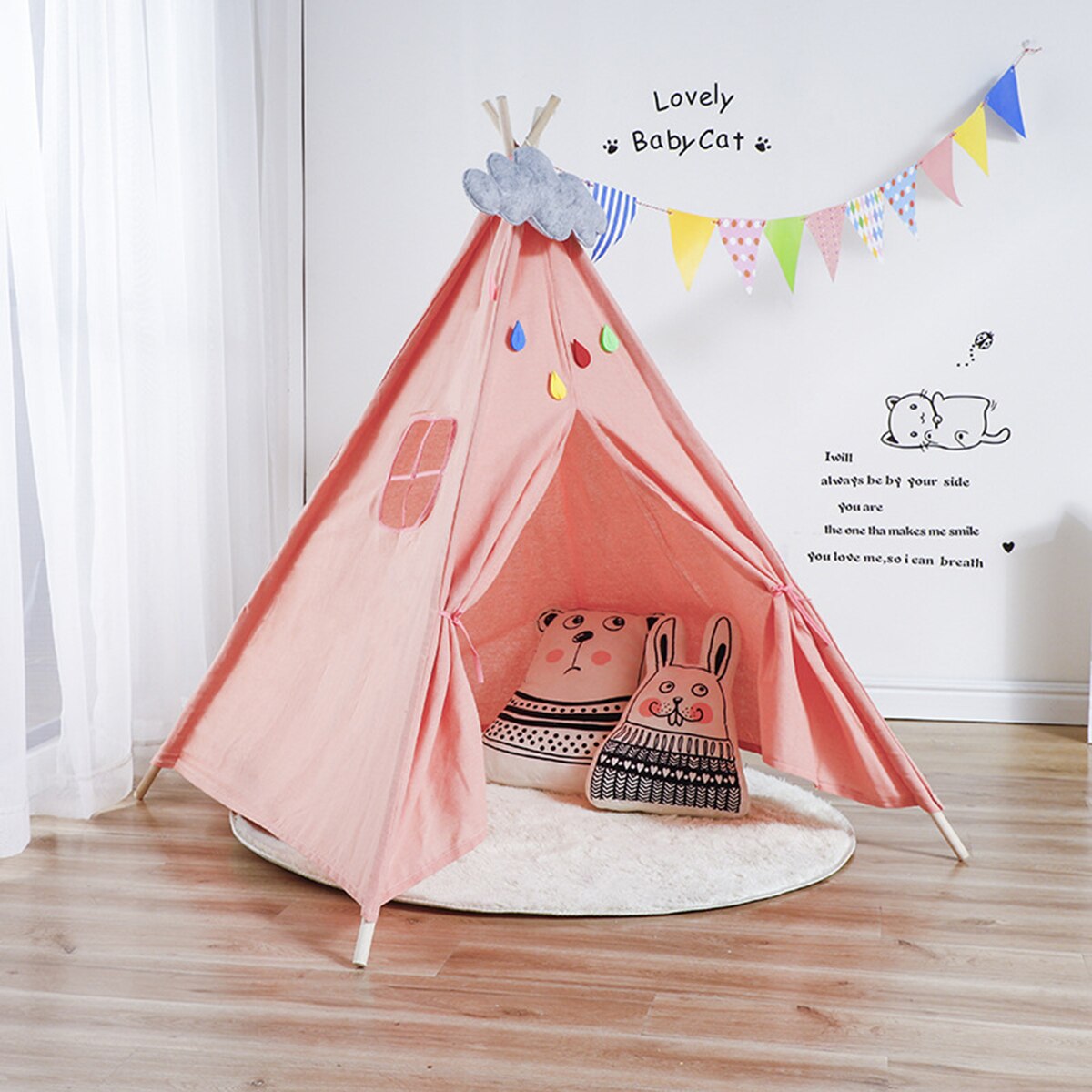 11 Style Larger Folding Indoor Baby Game House India Triangle Tent Princess castle Canvas Original Teepee Kids Teepee NO MAT: Pink / 1.3m