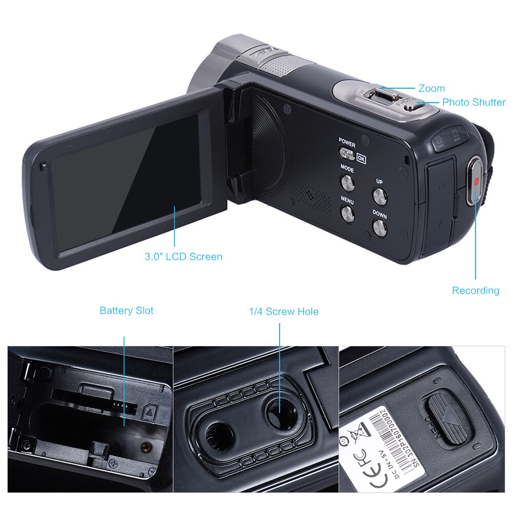 HDV-302P 3.0 Inch LCD Screen Full HD 1080P 15FPS 24MP 16X Digital Zoom Anti-shake Digital Video DV Camera Camcorder