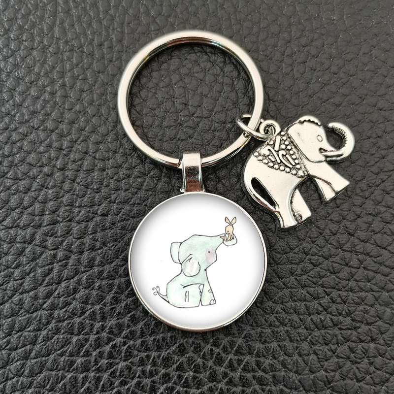 , llavero redondo convexo de cristal con de elefante y elefante bebé hecho a mano, llavero de coche, accesorios de boutique: Color marrón J